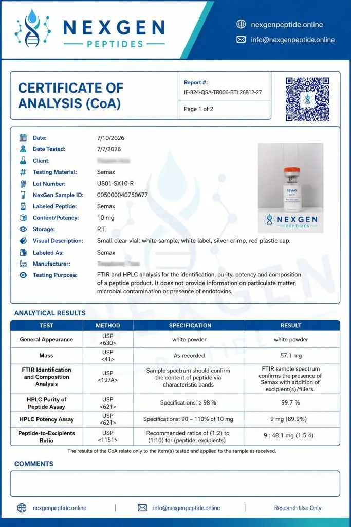 Semax peptide certificate of analysis and laboratory testing results nexgen peptide