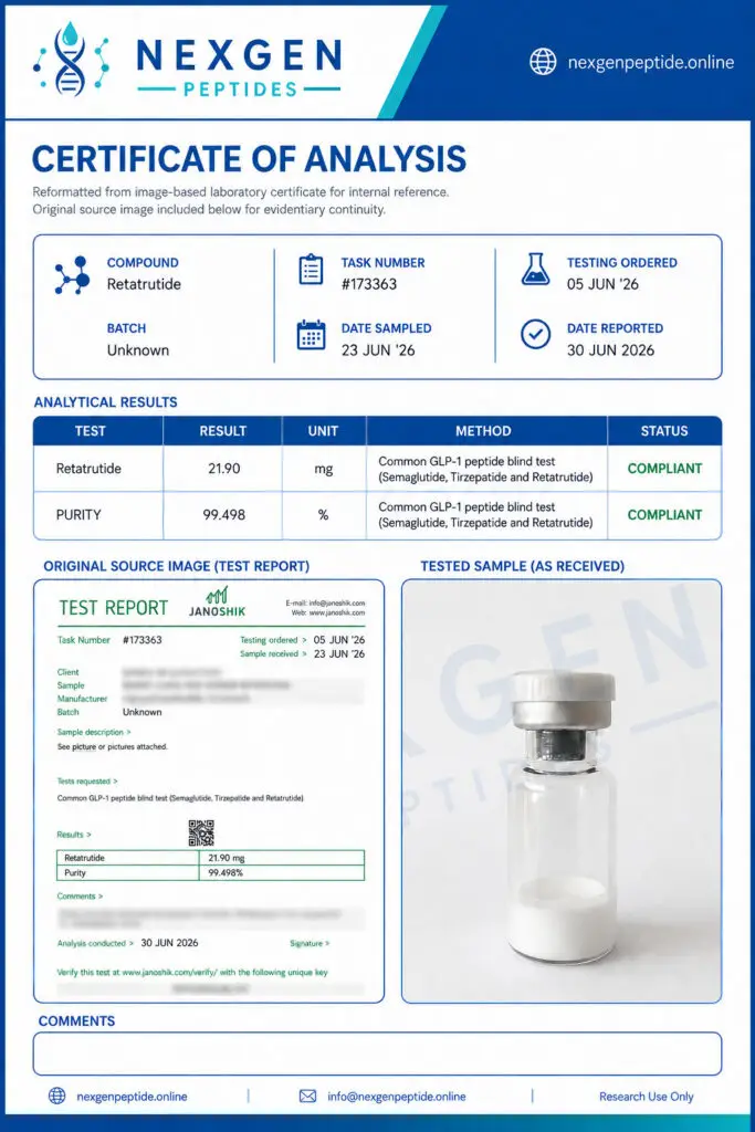 Certificate of analysis for Nexgen Peptides product testing nexgen peptide